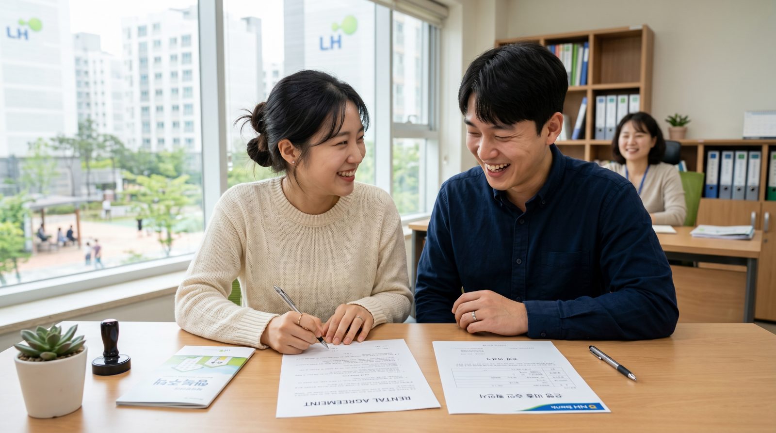 신혼부부가 은행 대출 서류에 서명하는 모습