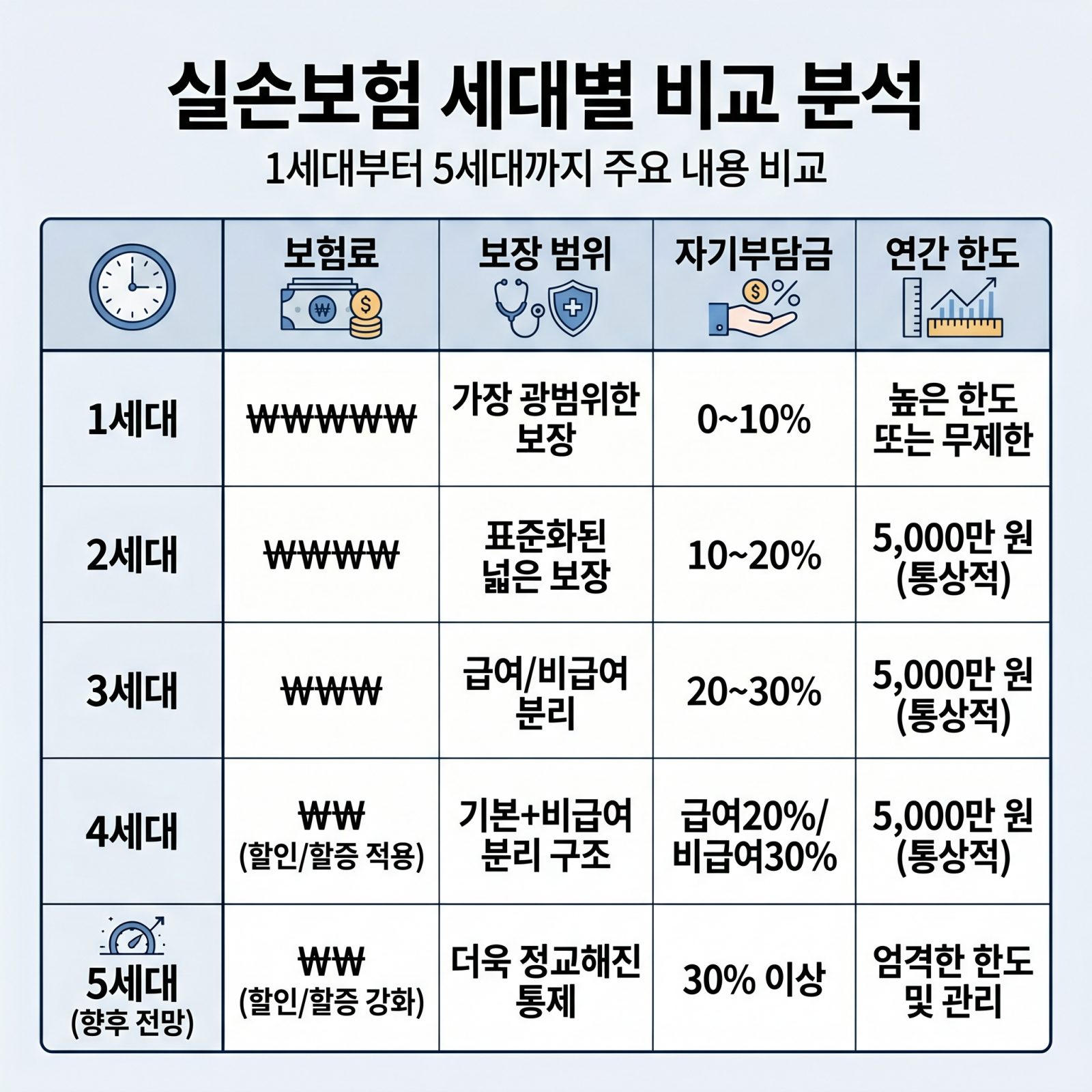 세대별 실손보험 비교표: 보험료, 보장, 자기부담금 차이