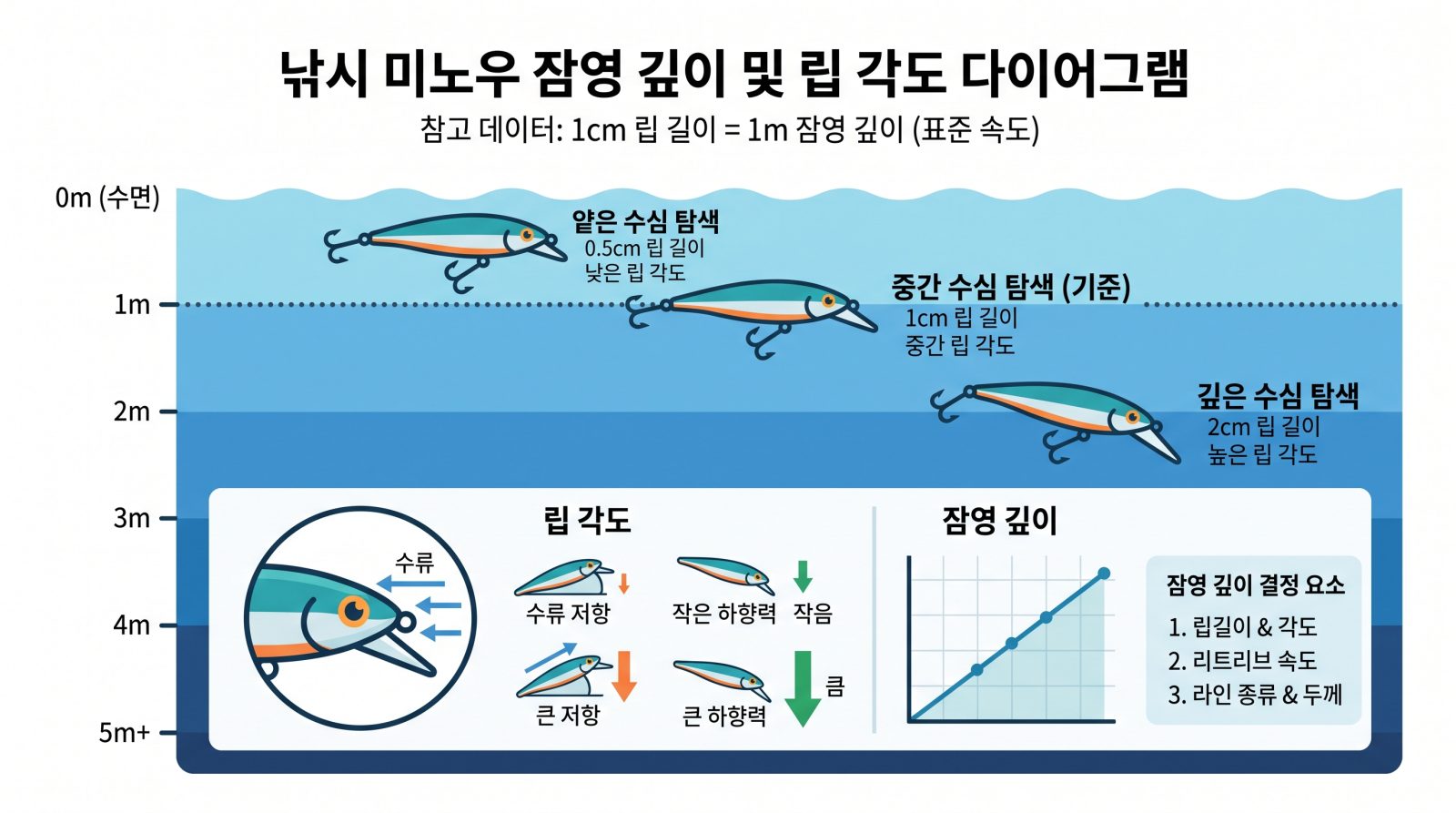 미노우 립의 길이에 따른 잠영 깊이 설명 도표